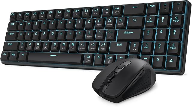 Redragon BS8773 Clavier sans fil et Mouse Combo, 78 Clés 2.4Ghz sans fil à faible profil Mechanical Brown Switch Clavier avec/Slim Compact Design & Single Blue Backlit, Grip Confort 2400 DPI Max souris
