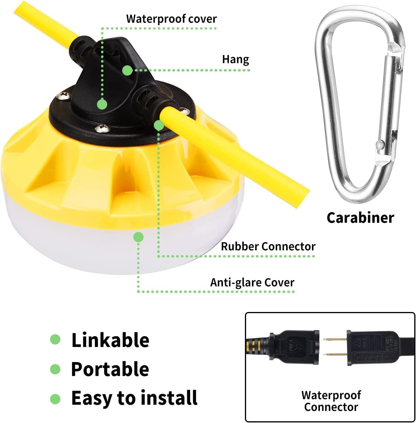 100FT LED Work Light, 100W & 10000LM Construction String Lights, 10 Bulbs LED Work Lights for Jobsite Lighting, Construction Site, Renovation, Walkway, Patio, Mine cave