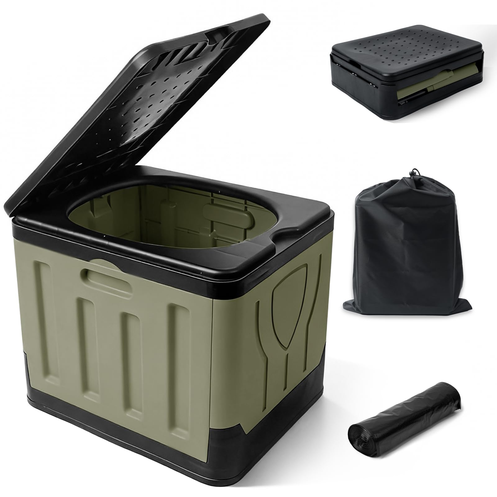 Huracan Toilettes de camping pliables, toilettes mobiles portables jusqu'à 200 kg, hauteur d'assise compacte de 34,5 cm, avec sac de rangement et sacs poubelles, toilette de voyage pour camping
