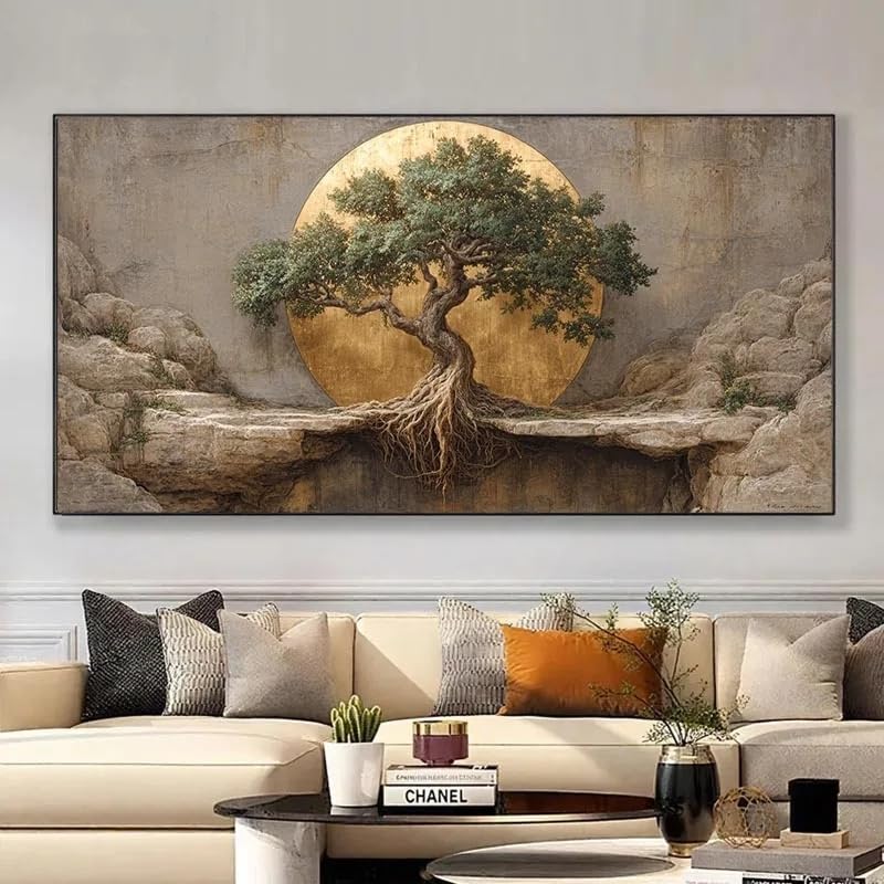 Cuadros modernos Árbol de la Vida dorados lienzos para salones de 55x110cm