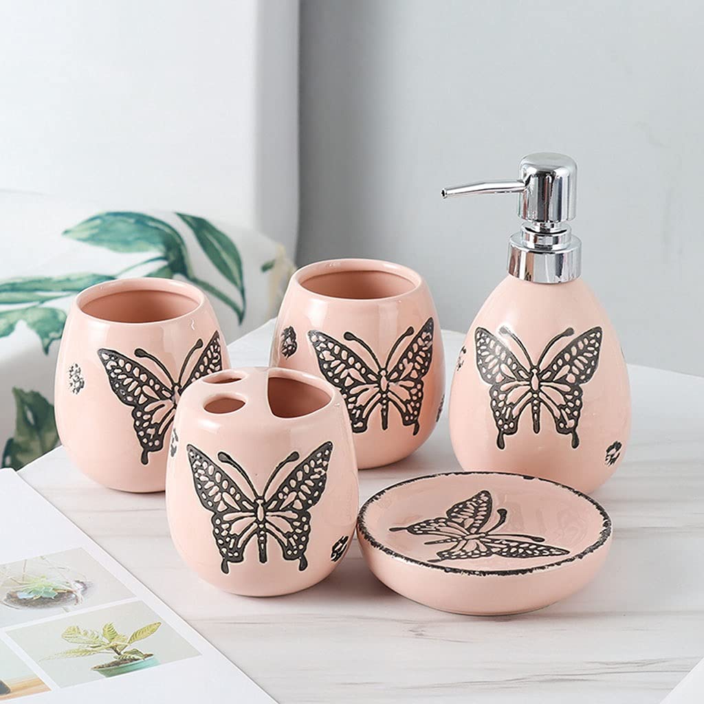 Dispenser Sapone Accessori da bagno in 4 pezzi Set di lavaggio in ceramica di lusso Set da bagno in ceramica Set da bagno Include distributore di sapone Spazzolino da denti Portabicchieri Tazze a colz