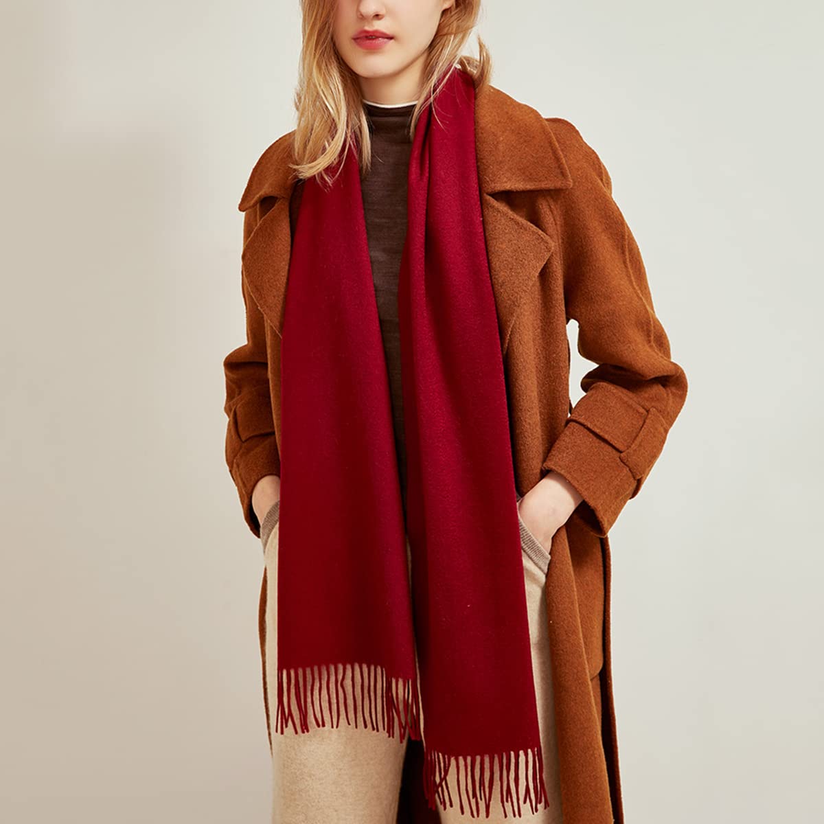 YUONNY 100% Cachemira Bufanda Larga con Flecos para Hombre Mujer, Super Suave Cálido Pañuelo Borla, Unisex Otoño Inverno Bufanda Elegante de Color Sólido para Amantes, Regalo Invierno Burgundy F