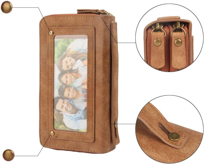 iPhone8 Plus Case, Zipper Wallet Case, Multi-function Purse Removable Back Cover With Strong Magnetic, Dual Zipper Cash Storage And Card Slots Case With Mirror Hand Strap for Iphone7 Plus case_Brown