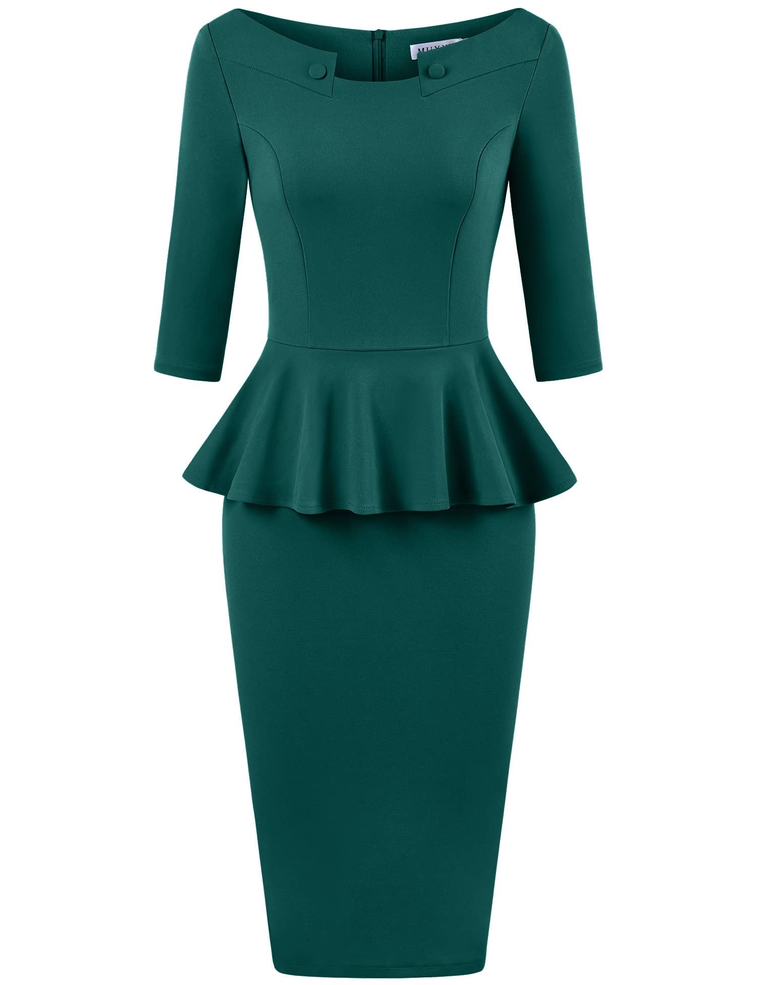 MUXXN Women's 50s Vintage Bodycon 3/4 Sleeve Midi Peplum Business Formal Work Pencil Dresses