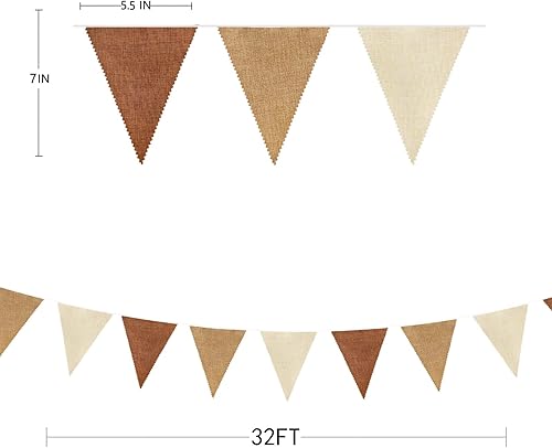 Miniatura 7 de Decoraciones de fiesta marrón de 32 pies con banderines bohemios, banderines de tela, bandera triangular, guirnalda de banderines de lino para