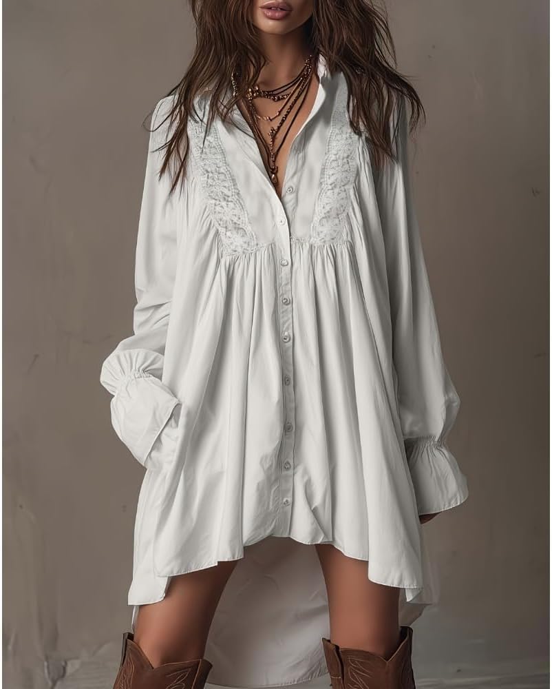 Women Boho White Lace Shirt Dress Flared Bell Sleeve Asymmetric Hem Maxi image 2