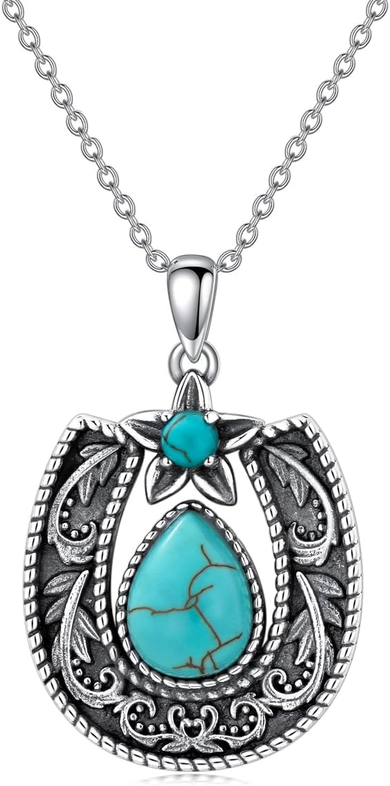 Western Gift Vintage Horseshoe with Natural Turquoise Necklace 925 Sterling Silver Horseshoe Necklace with 18+2 inch Chain for Cowgirl Women (Gift Box)