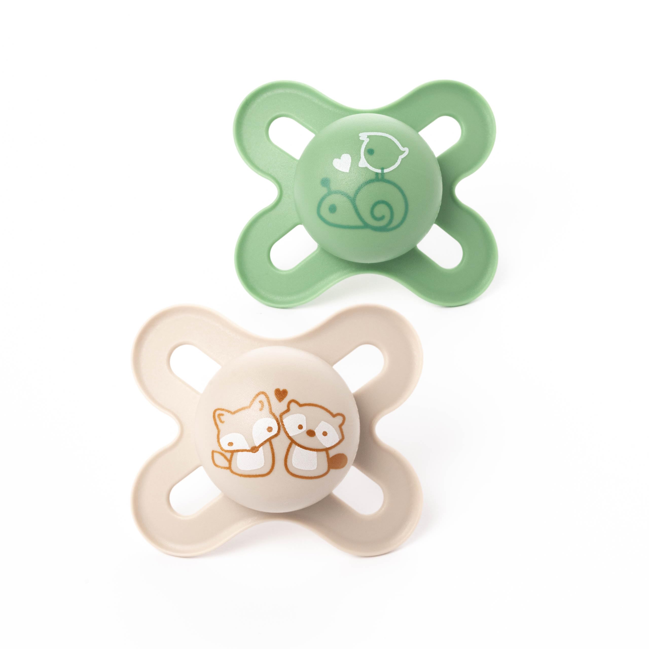MAM Original Start Soothers | 0-2 Months | 2 Pack | Newborn Dummies | Comes in Dummy Steriliser Case | Sustainable Materials | Baby Accessories for Newborn | Green/White (Various Designs)