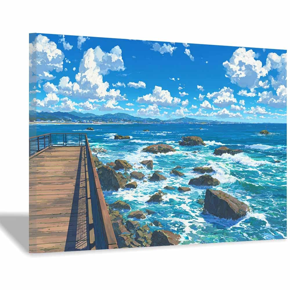 DMZPKZB Nature Canvas Wall Art Decor Coastsal Boardwalk Scene Landscape Poster,For Office, Bedroom,Bathroom,Living Room,Corridor,Classroom,for Home Decoration(Multicolor)-30x45cm Framed