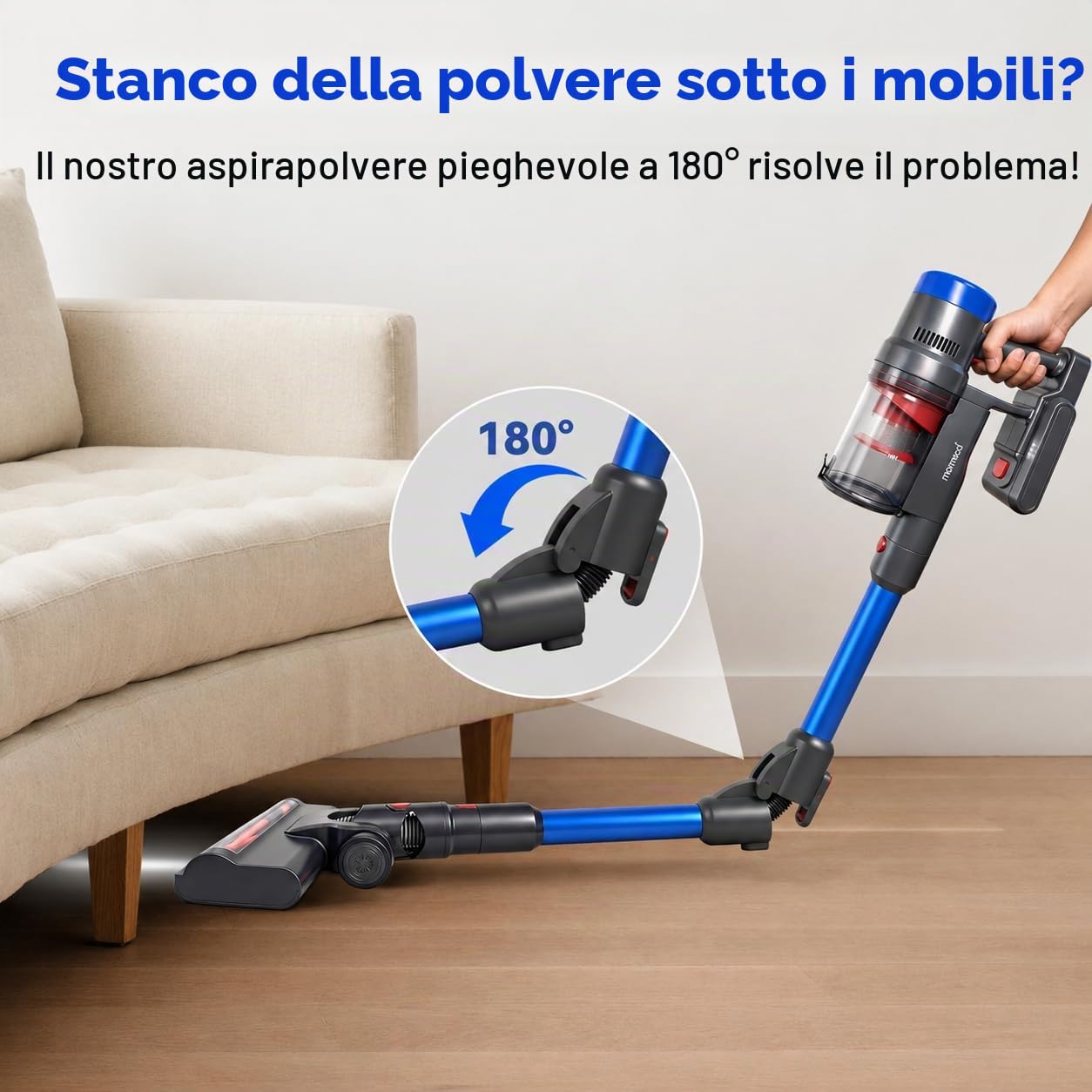 Aspirapolvere Senza Fili 250W, Scopa Elettrica con Autonomia fino a 60 Min, 3 Modalità di Aspirazione, Filtro HEPA ad Alta Efficienza, Spazzola Antiacaro LED, per Peli di Animali, Tappeti, Pavimenti