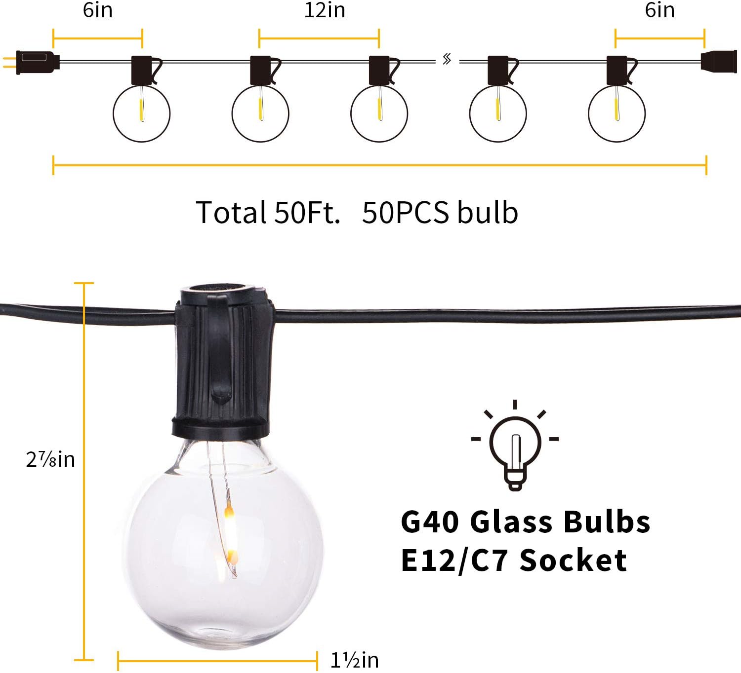 Best Deal Cheap 🛒 50Feet Led G40 Outdoor Patio String Lights with LedClear Globe Bulbs, Warm White Ambience Indoor and Outdoor Lights for Patio Garden Backyard Bistro Pergola Tents Gazebo Decor,Black Wire
