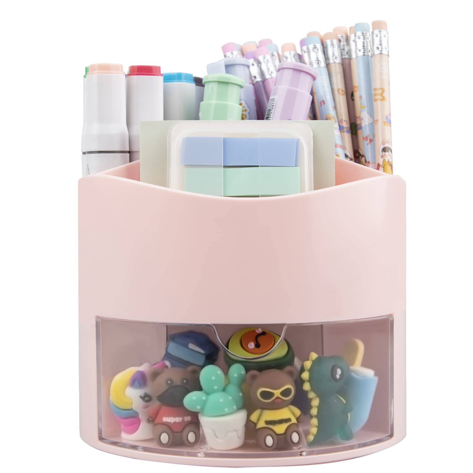 Zyners Rotating Pen Pencil Holder 360-Degree with Drawer, 5 Compartments Desk Stationary Cosmetic Makeup Brushes Holder for Dressing Table, Home, Office, Desktop(Macaron pink)