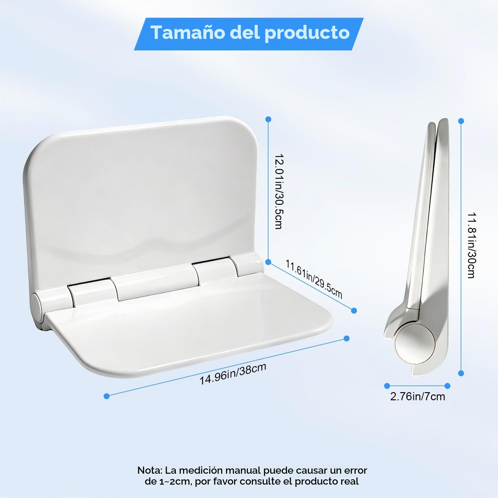 Asiento de ducha plegable de pared, Capacidad de carga 150 kg, asiento de ducha alargado y engrosado para personas mayores y discapacitadas, taburete de ducha antideslizante para baños,38 x 29,5 cm