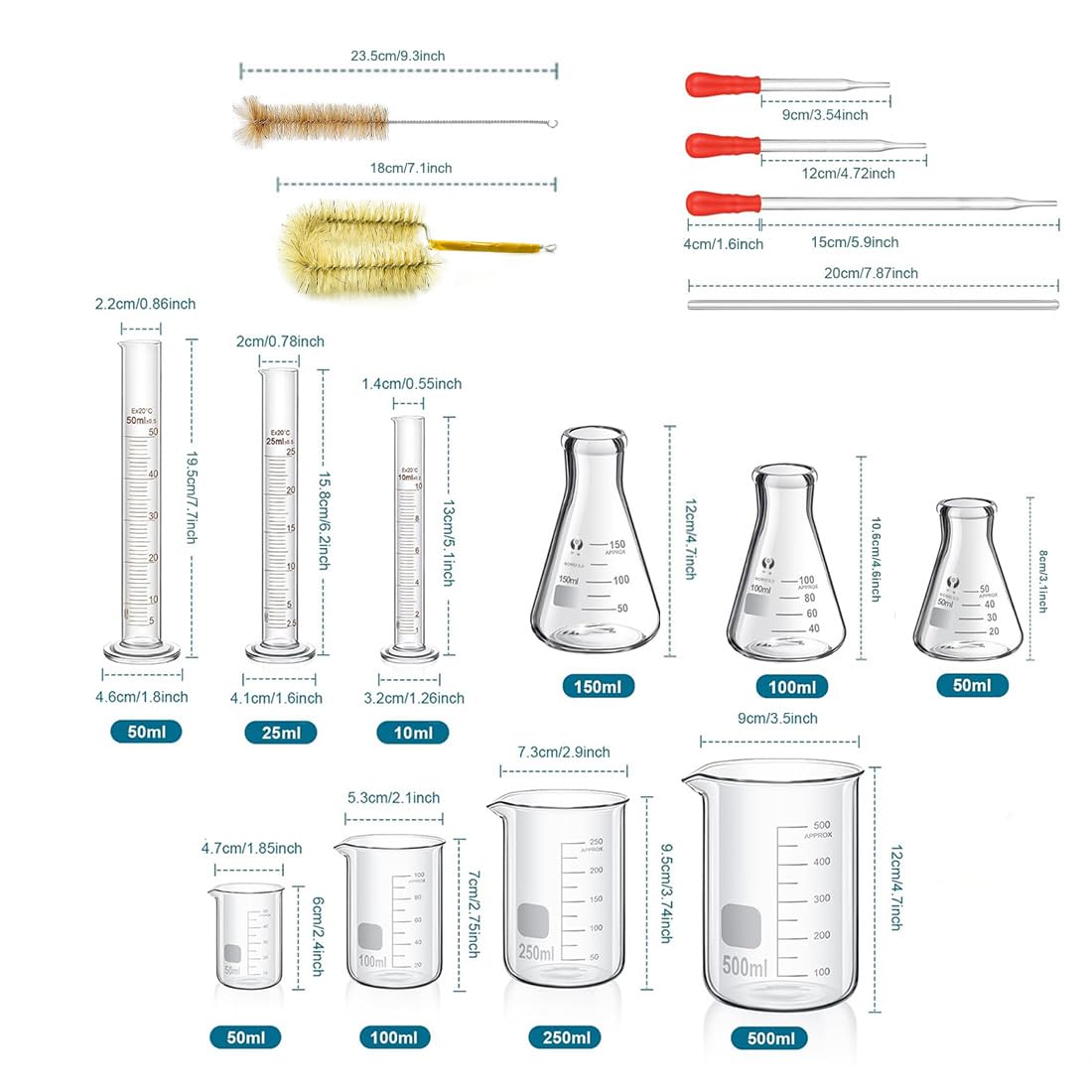 Juego de frascos Erlenmeyer de vidrio (150 ml/100 ml/50 ml), con 4 vasos graduados de vidrio, 3 cilindros de medición de vidrio con 3 cuentagotas de vidrio, 2 varillas de agitación de vidrio