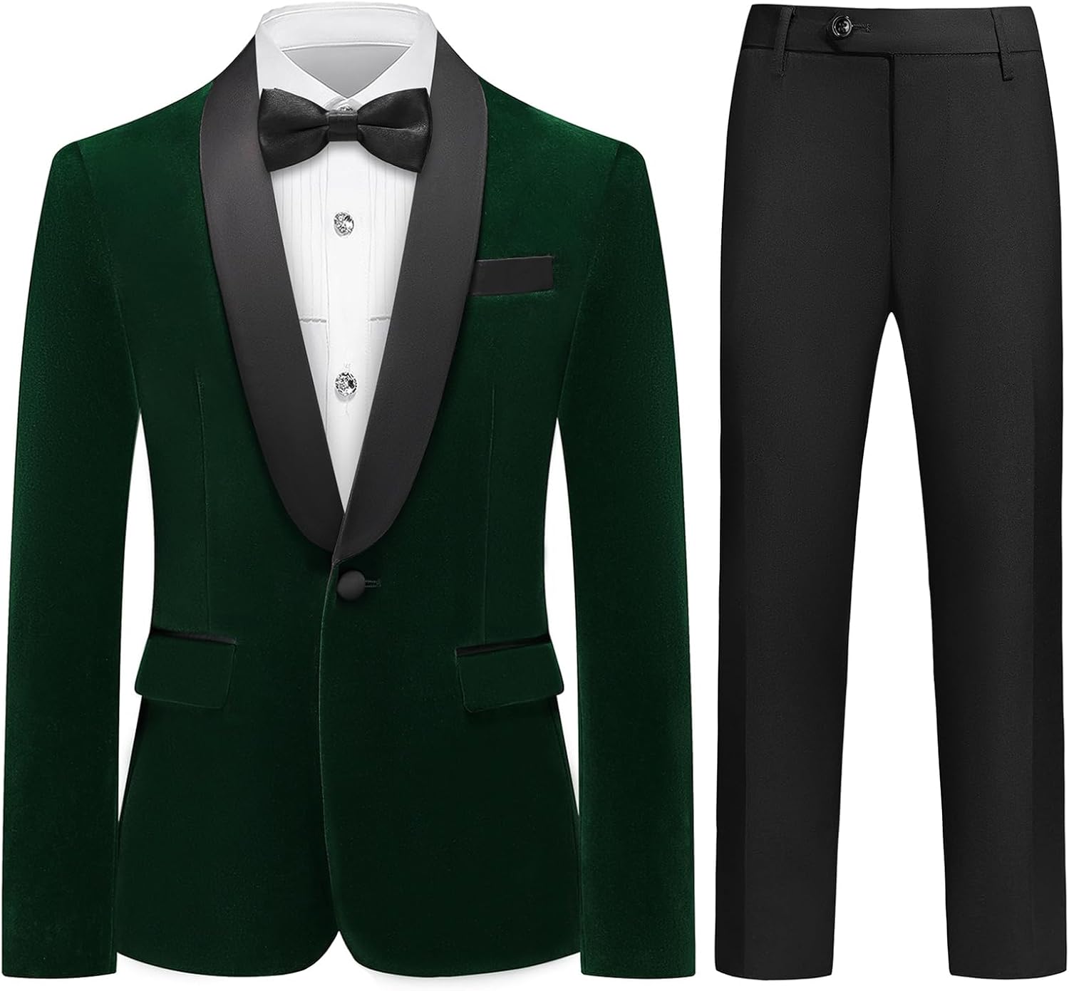 Lamgool Boys Velvet Tuxedo Suit 4 Piece Slim Fit Kids Formal Outfit Set with Blazer Dress Shirt Pant Bow Tie for Wedding