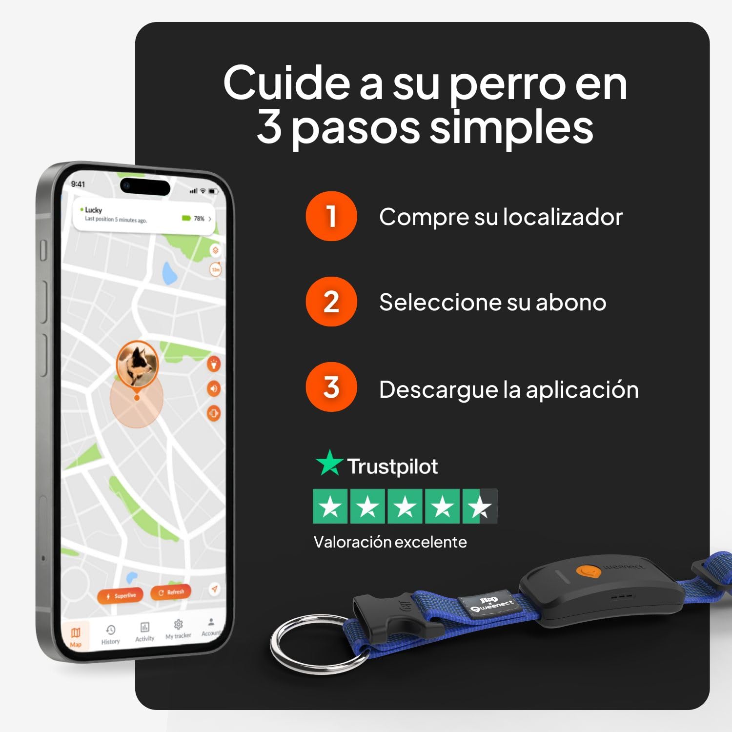 Weenect Dog XT - Nuevo Collar GPS para Perros | Antena XL | Impermeable | Collar Azul Ultra-Resistente Integrado Julius-K9 | Garantía de por Vida | Suscripción requerida
