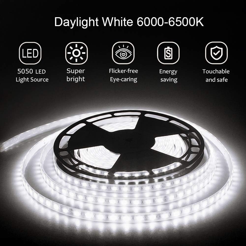 ALITOVE 32.8ft LED Strip Lights Daylight White Waterproof IP67 6000K 10m 600 LEDs 5050 with 24V DC Power Supply for Kitchen Bedroom Garden Backyard Hallway Stair Under-Cabinet Closet Decor Lighting