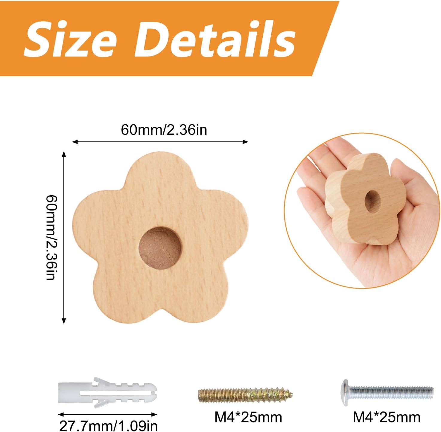 MOROBOR Flower Shaped Wooden Knobs,6pcs Natural Handmade Wood Knob Single Hole Beech Wood Handles for Drawer Wardrobe Cabinet Dresser with Screws& Expansion Tube