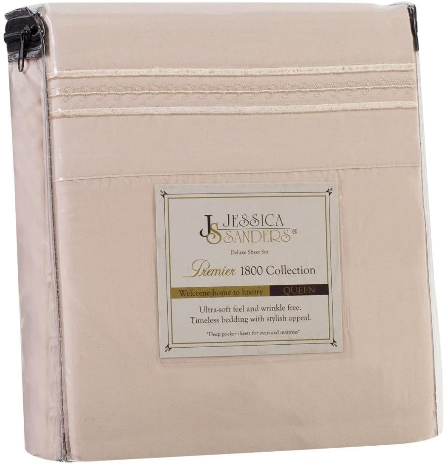 Jessica Sanders Premier 1800 Series 3pc Bed Sheet Set- Twin (Single), Beige Cream, (75”x39” Fits XL) - Jessica Sanders Embroidery