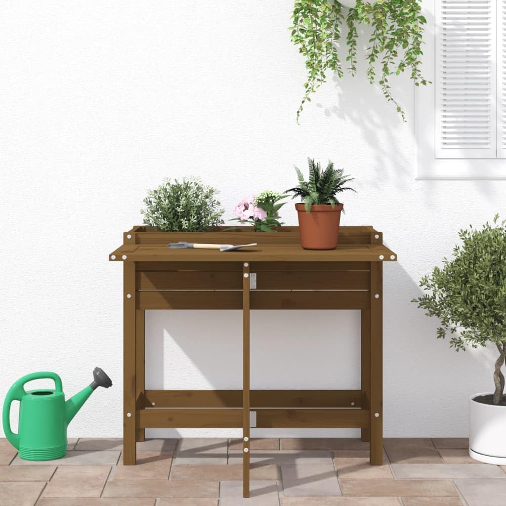 Jardinera con mesa plegable, maceta para plantas, jardinera elevada, jardinera para exteriores, jardinera, macetero, maceta adecuada para oficinas, jardines, restaurantes, cafés, marrón miel, madera