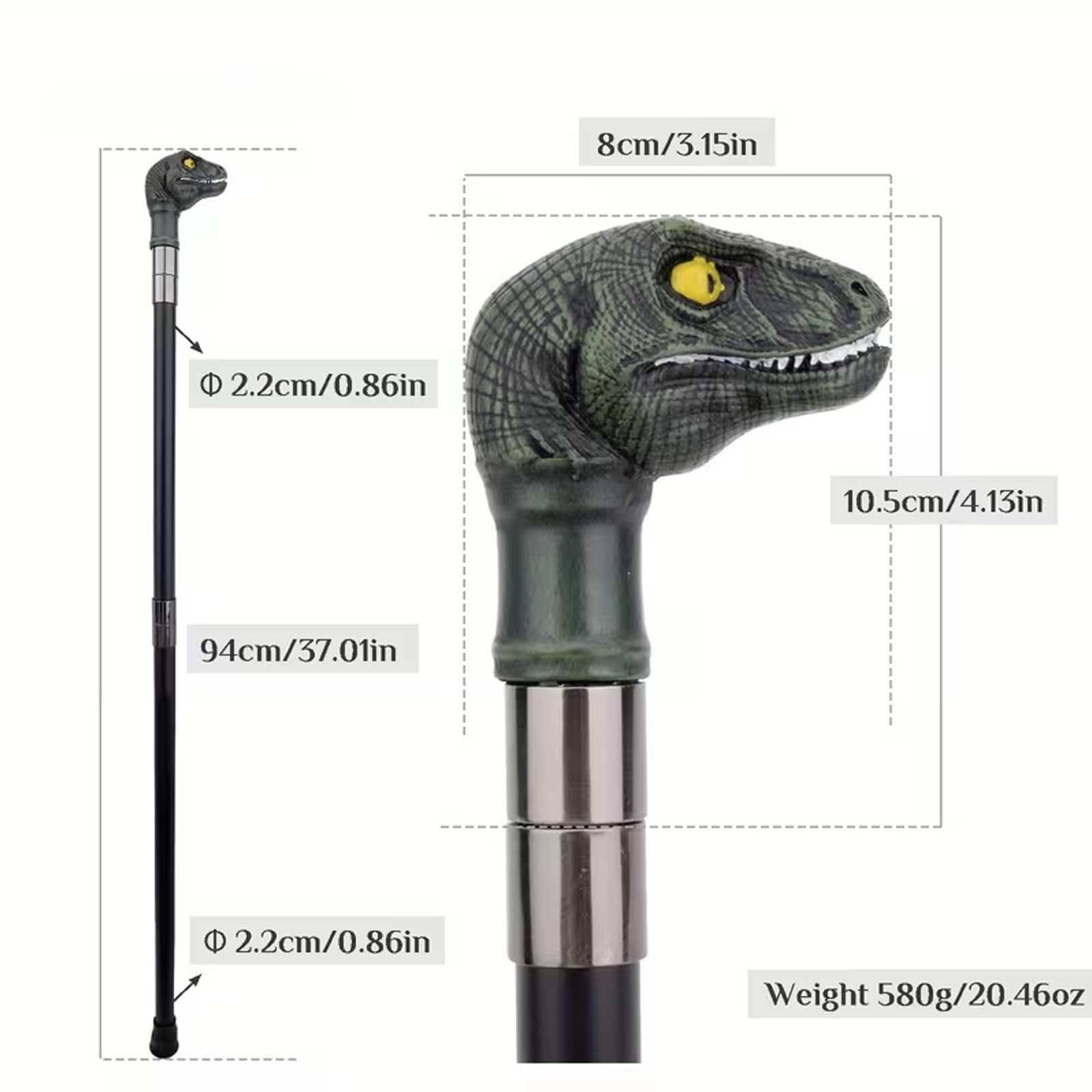 Bastón para Caminar con Dinosaurio de Resina Verde, Bastón de Lujo para Hombre y Mujer, Cetro Antideslizante Extraíble, Cospaly Vintage Party 94 Cm