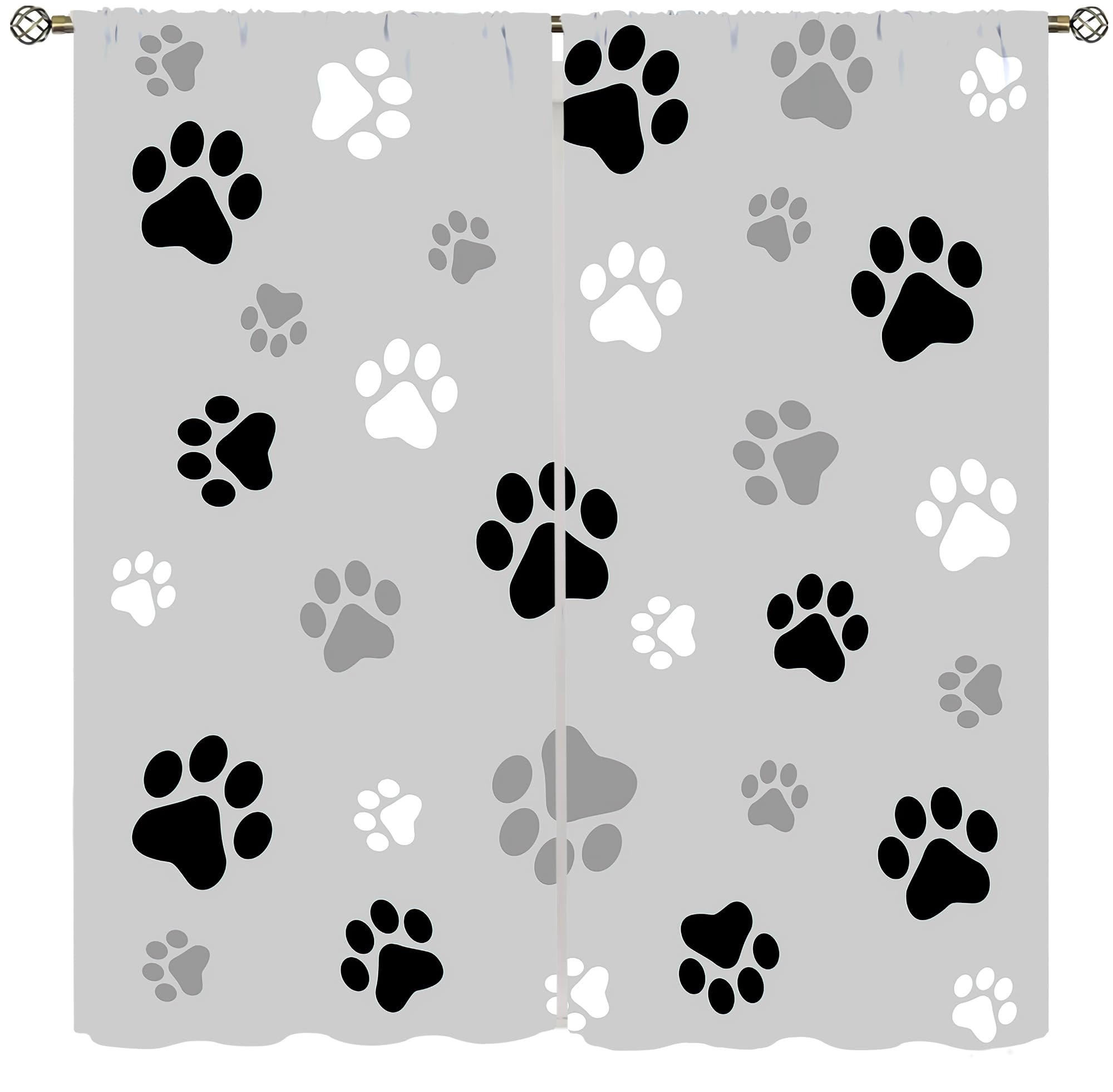 Abstract Black Grey Dog Paw Print Window Curtains, Modern Decor Blackout Curtains, Soundproof Thermal Insulated Darkening Window Treatments for