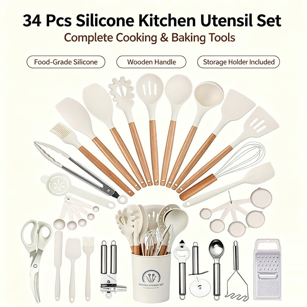 Set di 34 Utensili da Cucina in Silicone Alimentare, Kit Completo per Cucinare E Preparare Dolci con Contenitore, Accessori in Acciaio Inox E Set di Misurini E Cucchiai Dosatori Khaki