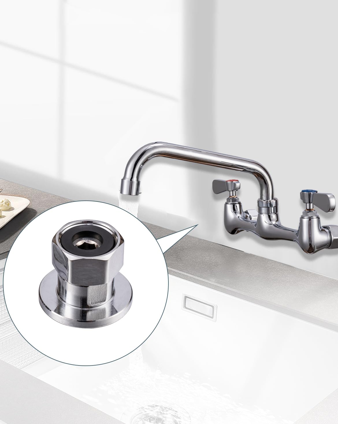 Piezas de grifo comercial, bridas de acoplamiento de grifo, brida excéntrica hembra de 1/2 pulgada NPT entrada hembra para grifos de cocina comercial de montaje en pared central de 8