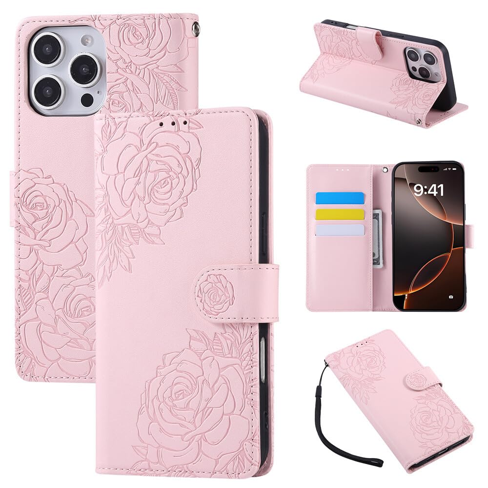 Étui iPhone 14 Pro rose cuir antichoc housse à rabat portefeuille à fleurs