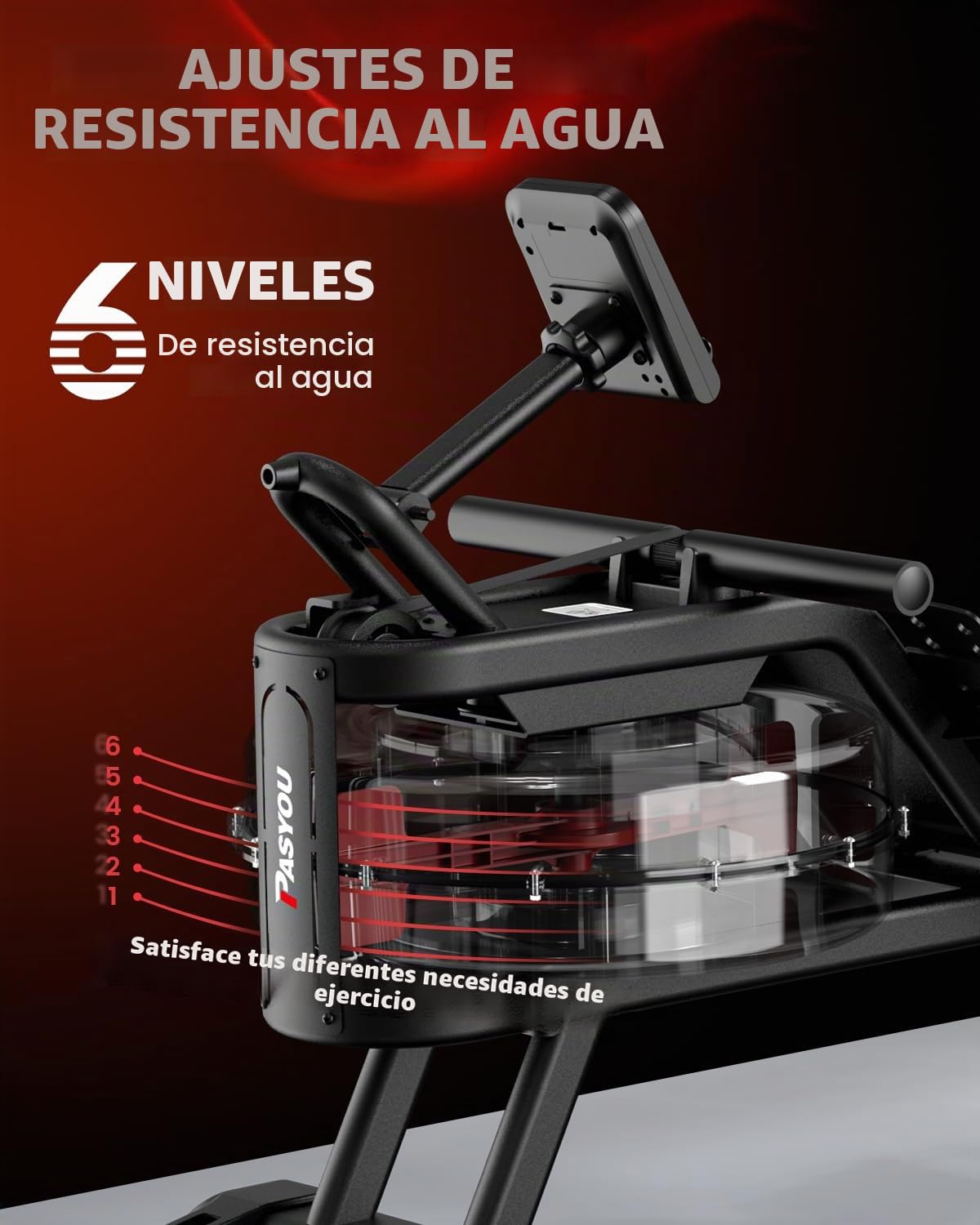 PASYOU Máquina de Remo de Agua, Remo de Resistencia Mejorada con inclinación de 50°, Capacidad de Peso de 150KG con conexión Bluetooth y Monitor LED, máquina de Remo para Gimnasio en casa