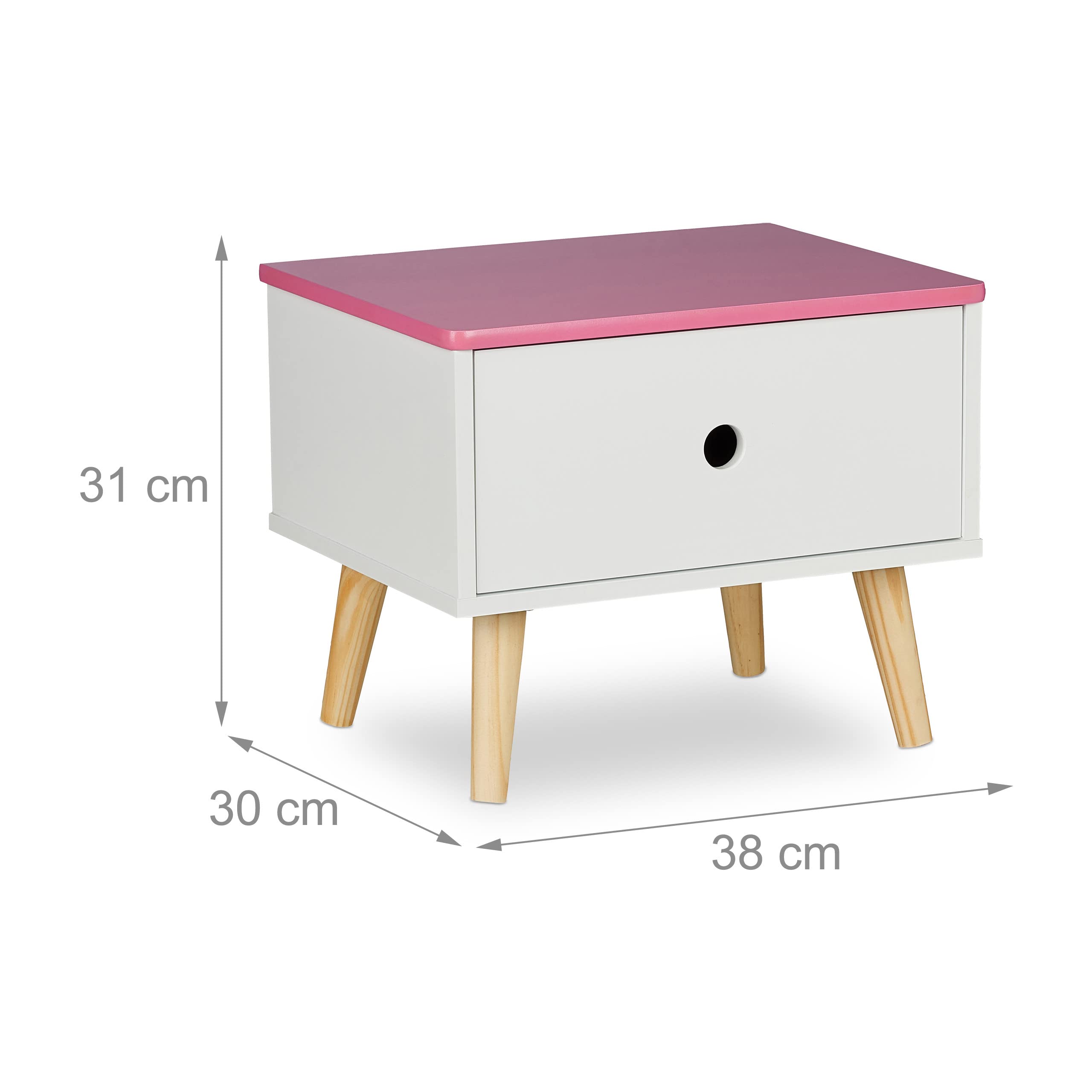 Relaxdays Comodino da Letto per Bambini, con Cassetto, HLP 31 x 38 x 30 cm, Cameretta Bimbi, Legno e MDF, Bianco Rosa