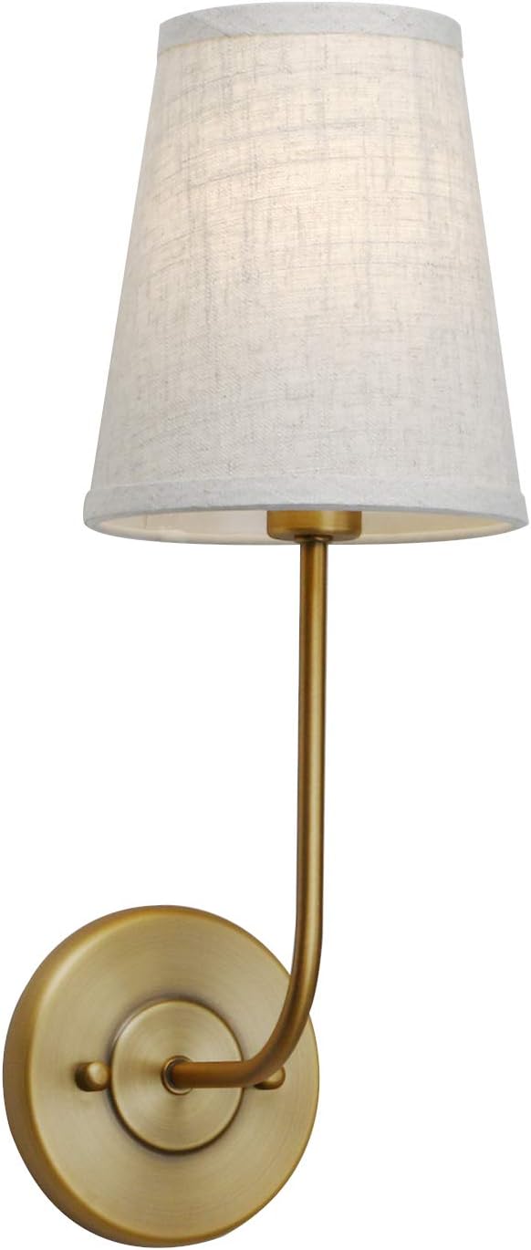 PERMO Classic Wall Sconce with Flared Funnel Linen Fabric Shade Nightstand Rustic Wall Mount Lamps for Bedroom Bedside Reading Room (Antique)