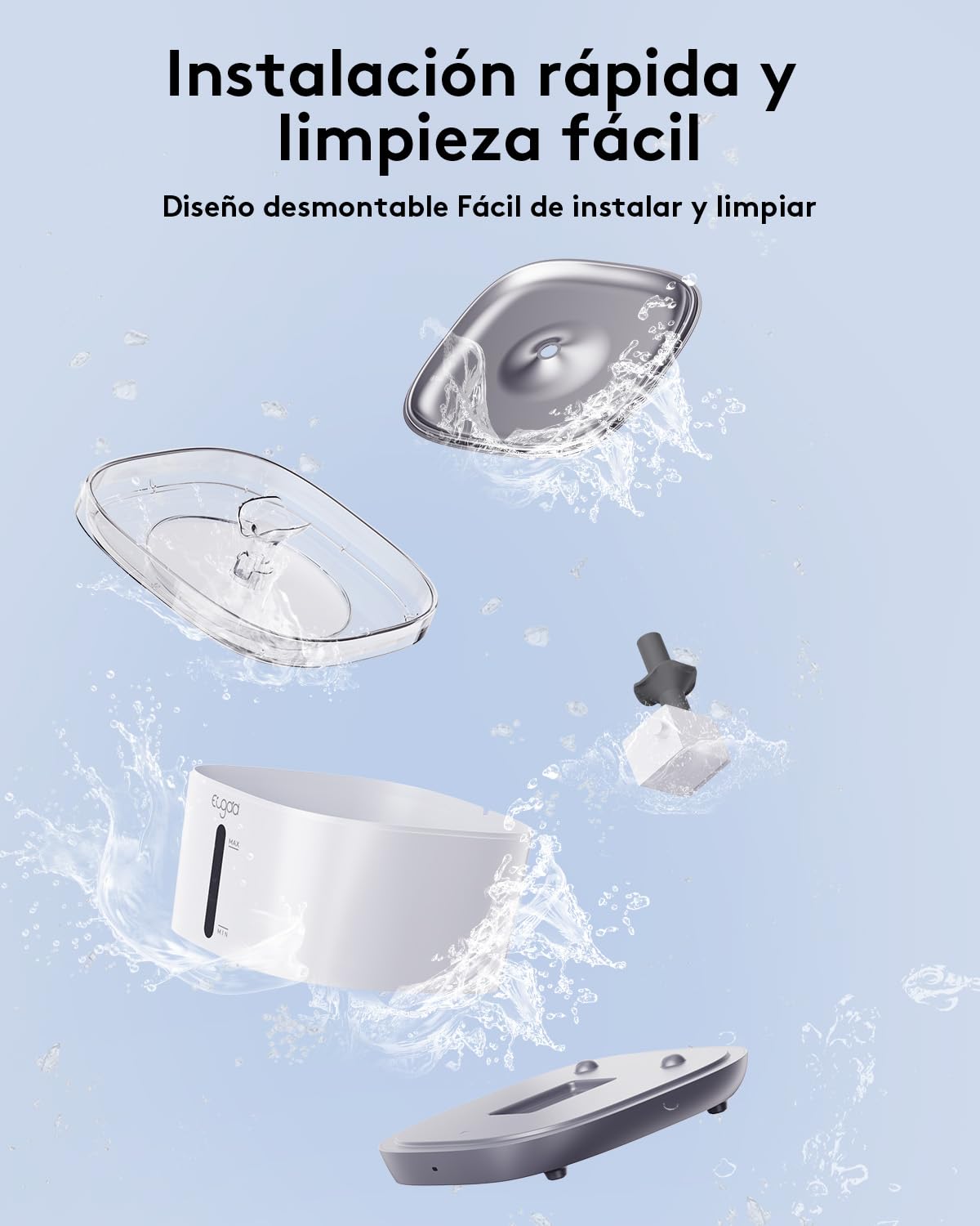 EUGAD Fuente para Gatos sin Cable con Sensor de Movimiento, 2.5L Fuente Agua Gatos, Ultrasilencioso Bebedero Gatos Automático Bateria 5000mAh Recargable, Dispensador de Agua Gatos 4 Filtración
