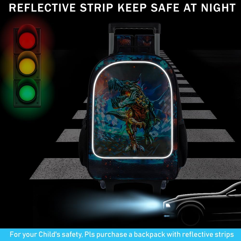 CCJPX 3PCS Dinosaur Rolling Backpack for Boys,Kids Backpacks with Roller Wheels, Wheeled Bookbag with Lunch Box for Toddler Elementary School-Black