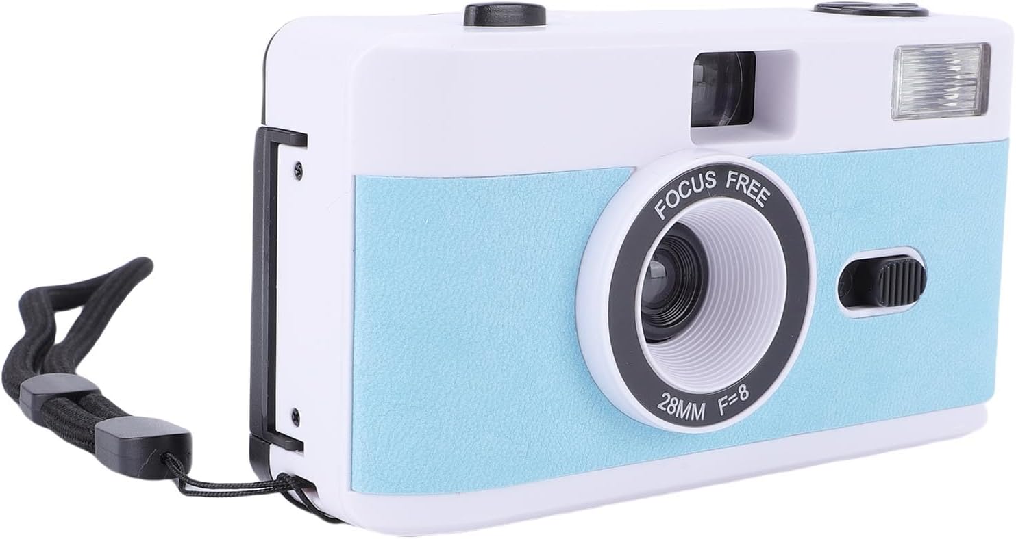 PUSOKEI 35mm Film Camera, Reusable Retro Film Camera with Built in 27 Color Films and Flash, 28mm F8 Lens Manual Focus, for Students Adults Birthday Gifts (White Blue)