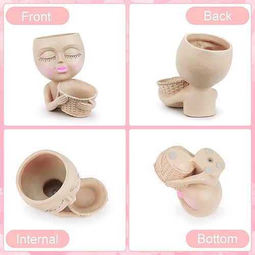 Miniatura 3 de Hzdyopk Maceta de cara con agujero de drenaje con ojos cerrados, elegantes macetas de cabeza de resina para bricolaje al aire libre e interior