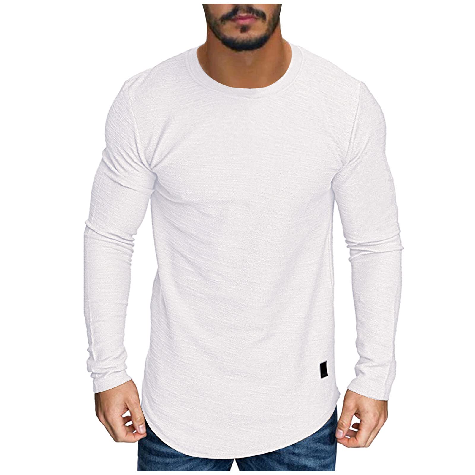 maglietta da uomo, slim fit, a maniche lunghe, con scollo a O, in cotone, da uomo, a maniche corte, con bottoni, semplice scollo a V, bianco, S