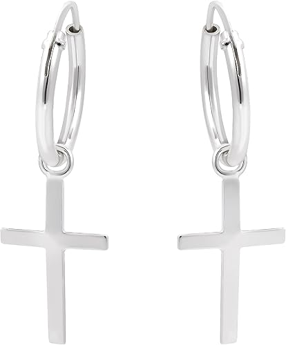 AeraVida Mini aretes de aro de plata de ley con cruz religiosa esencial Metal