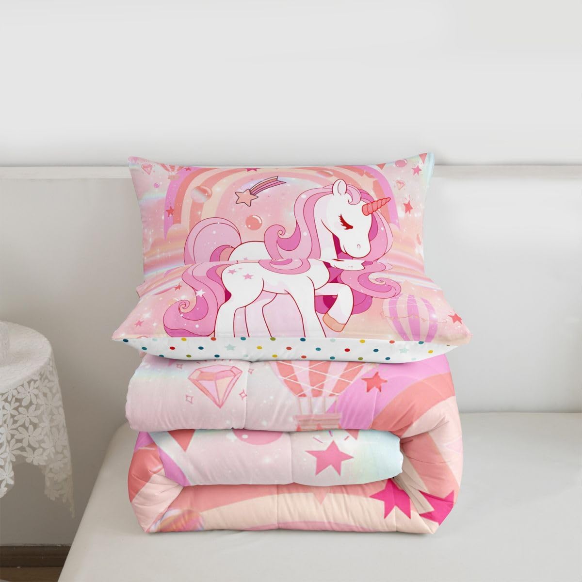 Erosebridal Unicorn Bedding Set for Girls Full Kawaii Rainbow Unicorn Comforter Set Bedroom Decor for Girls Kids Cartoon Horse Duvet Set Ombre Stars Quilt Comforter Pink 3 Pcs