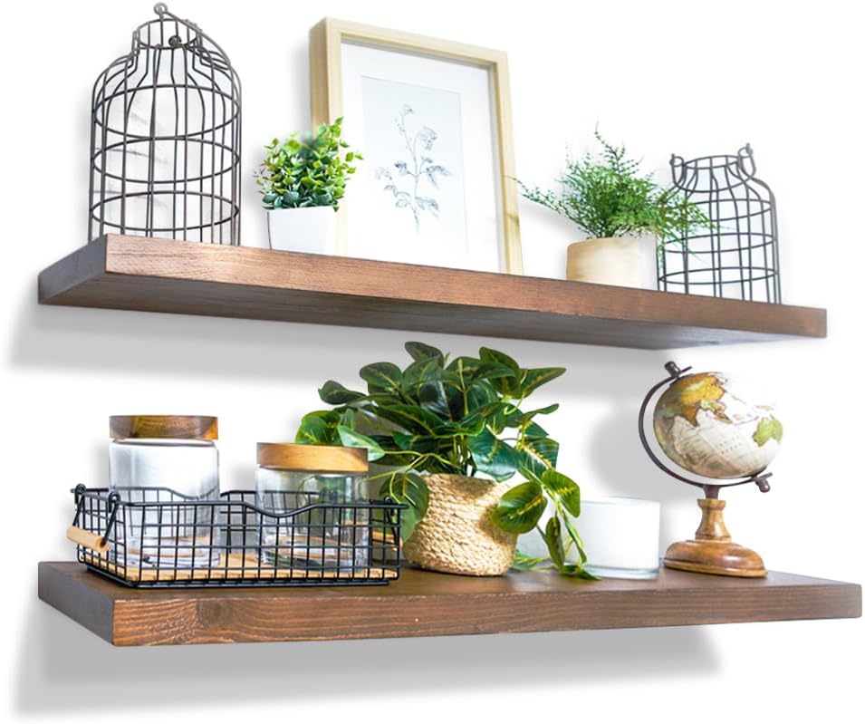 Willow & Grace Floating Wall Shelves - Set of 2 Real Wood 36-inch Hanging Shelves for Bathroom, Kitchen, and Living Room - Light Walnut Light Walnut 36"