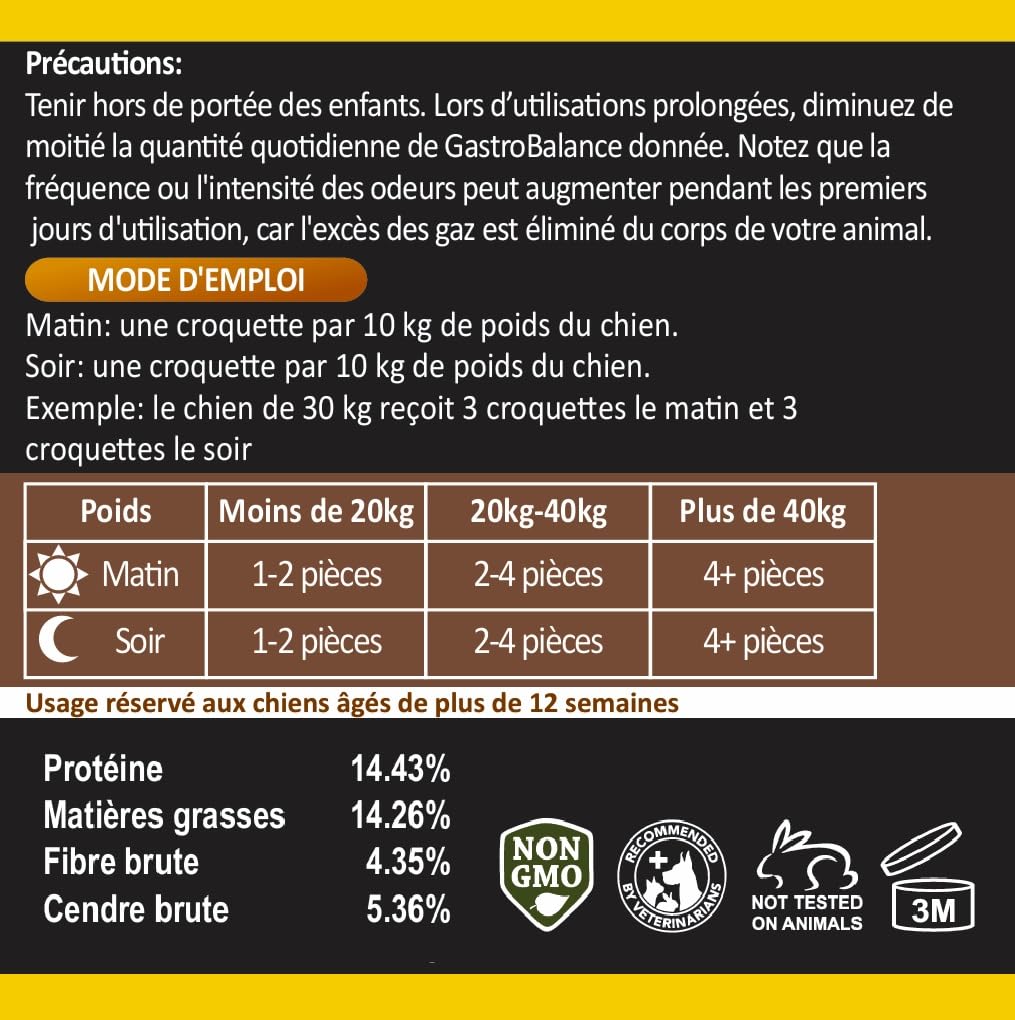 Traitement Anti Flatulence Chien - complément Alimentaire Chien flatulences - 60 croquettes Chien Anti Flatulence - Goût Poulet (Francais)