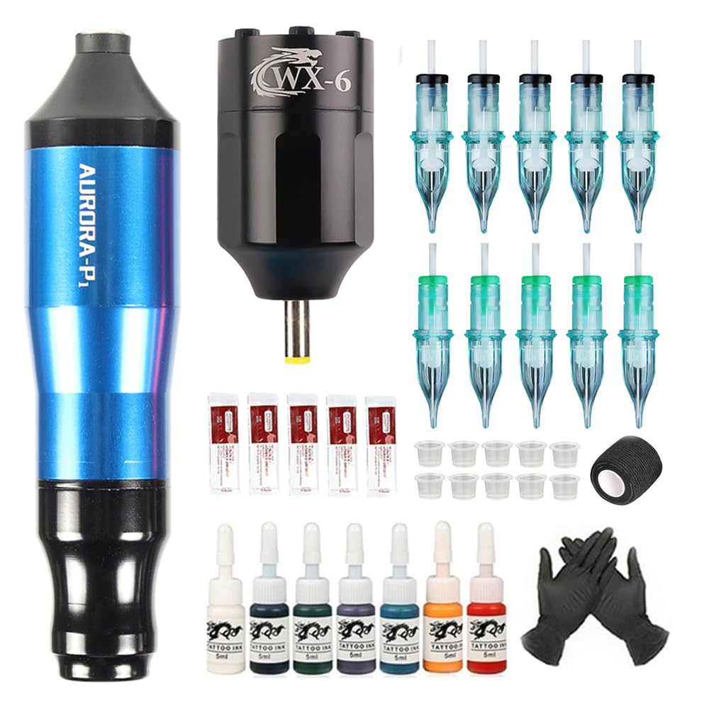 Tattoo Machine Kit Complete Aurora P1 Rotary Tattoo Pen DC Interface Wireless Tattoo Power Supply with Cartridge Needles Tattoo Ink Set for Tattoo Beginners Artists (Blue)