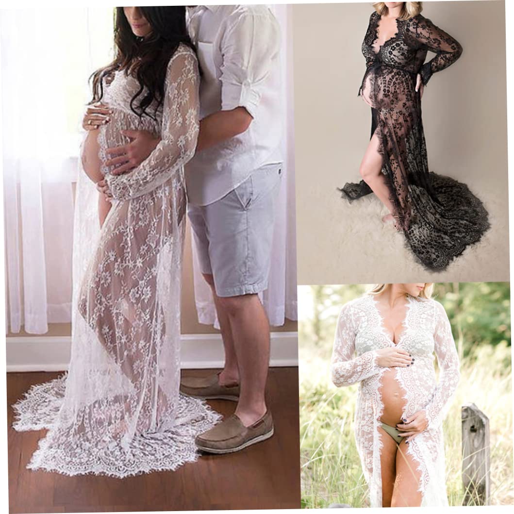 NIDONE Robe de Photographie de maternité col en V en Dentelle à Manches Longues Robe Longue maternité pour Femmes Enceintes Blanc S