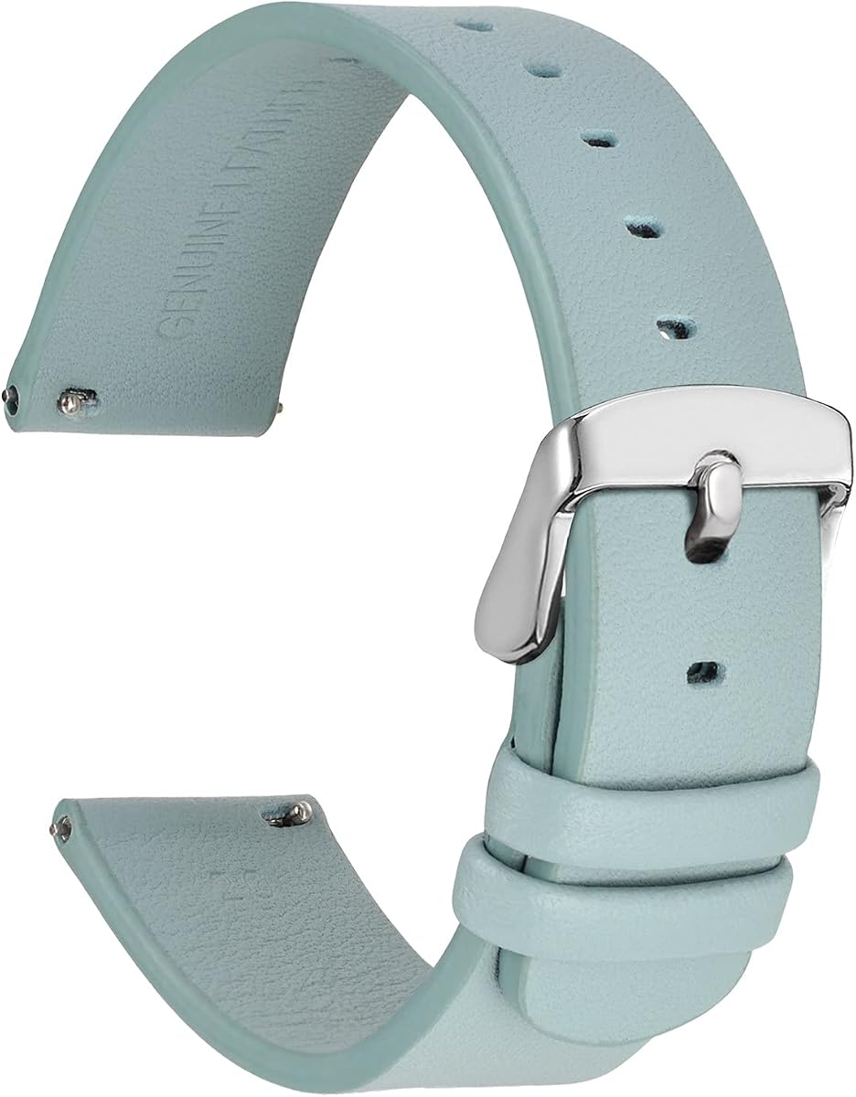 WOCCI 18mm Flexible Leather Watch Band for Smart Watch with Silver Buckle (Light Blue)