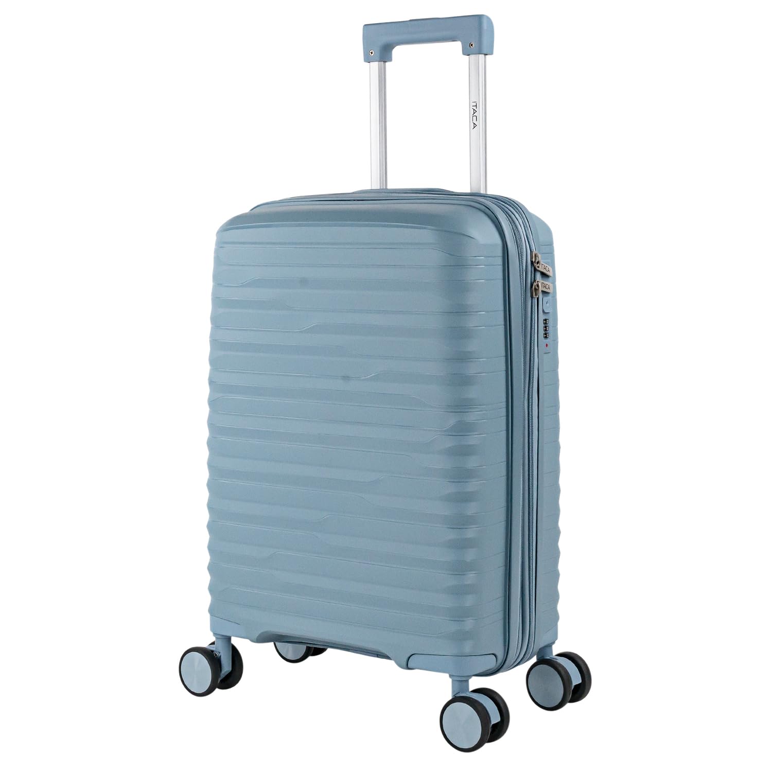 ITACA - Trolley Bagaglio A Mano 55x40x20 leggero rigido con ruote girevoli ideale per viaggi in cabina Valigia Bagaglio A Mano compatibile Ryanair. Lucchetto a Combinazione. Estensibile, Cowboy blu
