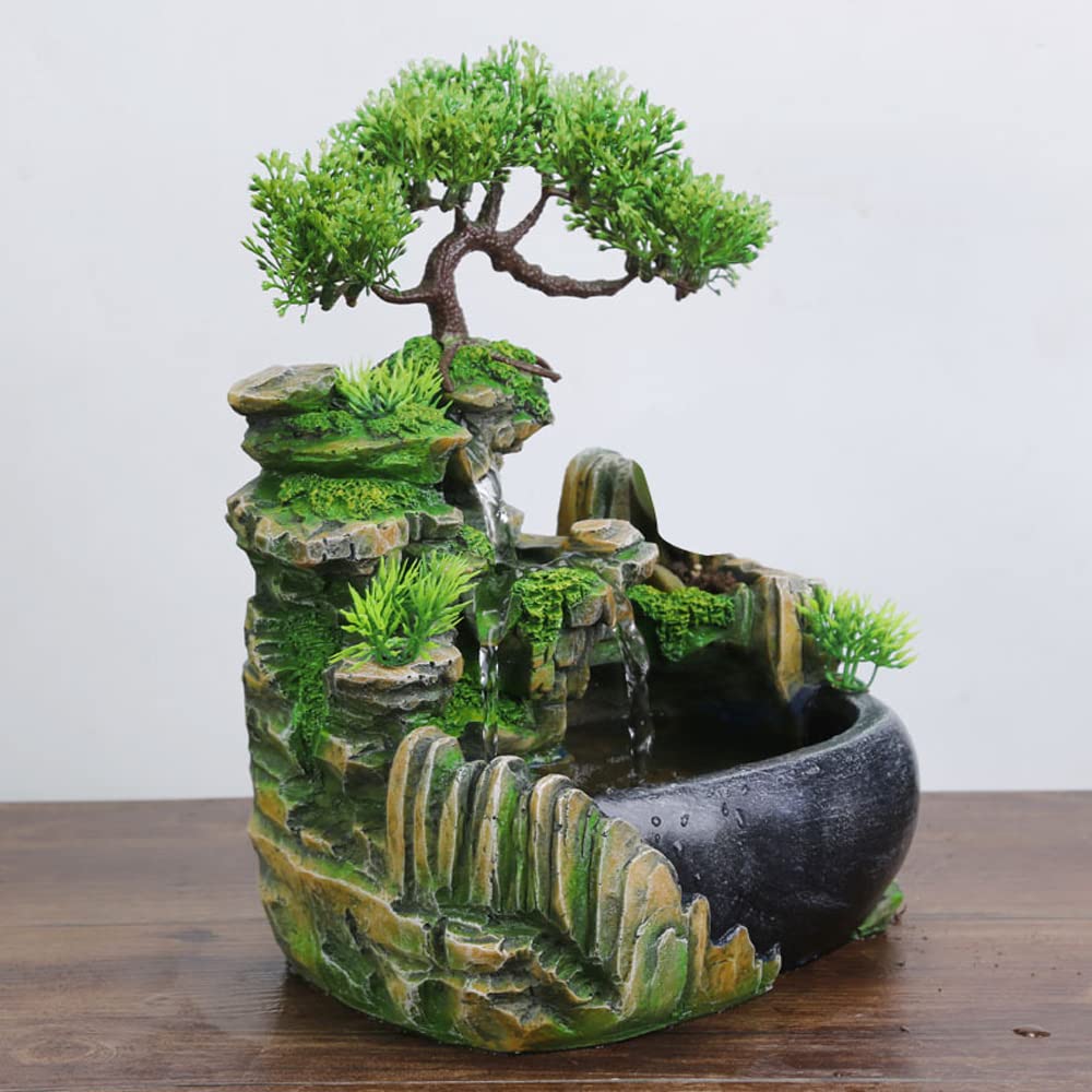 Fuente de habitación, salón de escritorio, bonsái, fuente de mesa, cascada, jardín, acuario, resina, fuente de escritorio, fuente de habitación con plantas, 28 x 20 x 15 cm
