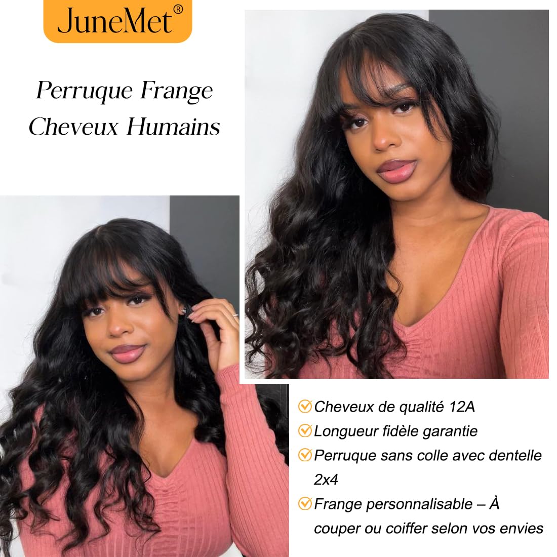 Perruque Cheveux Humain Frange 20 Pouces 2x4 Lace Glueless Body Wave Brésilien Naturelle