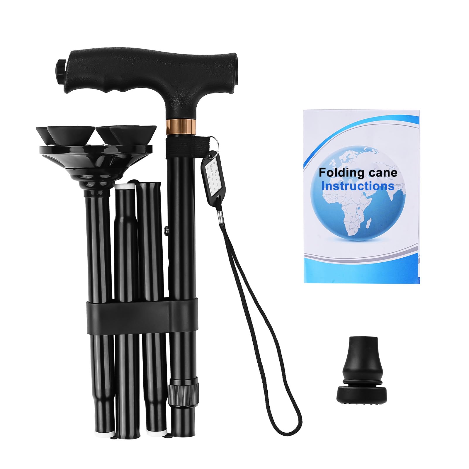 Bastón Plegable con Luz LED Ligero Portátil Bastón de Viaje 5 Niveles Altura Ajustable Base Antideslizante 4 Puntos para Hombres y Mujeres