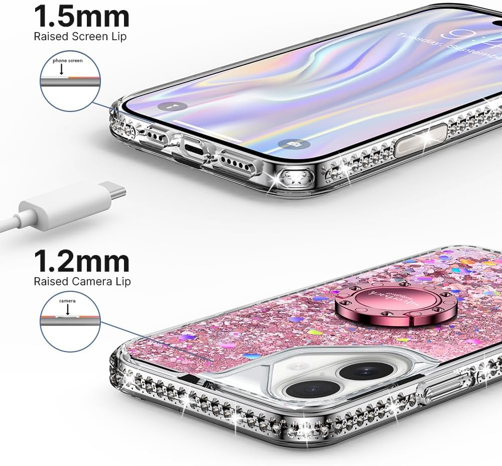 Silverback for iPhone 16 Plus Case, Moving Liquid Holographic Sparkle Glitter Case with Kickstand, Girls Women Bling Diamond Ring Protective Case for iPhone 16 Plus - Pink - Image 7