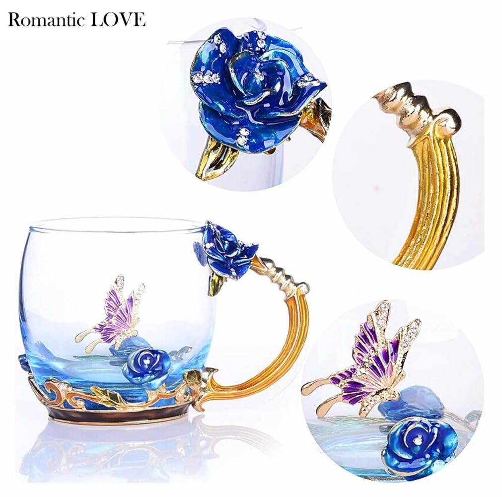 Romantic LOVE Set Mit 2 Ausgefallenen Teetassen, Kaffeetassen Aus Glas, 330 Ml ~ 350 Ml, Klarglastassen Mit Löffel, Set, Muttertagsgeschenke, Rosenblume, Emaille, Geburtstag (blau hoch rot kurz)